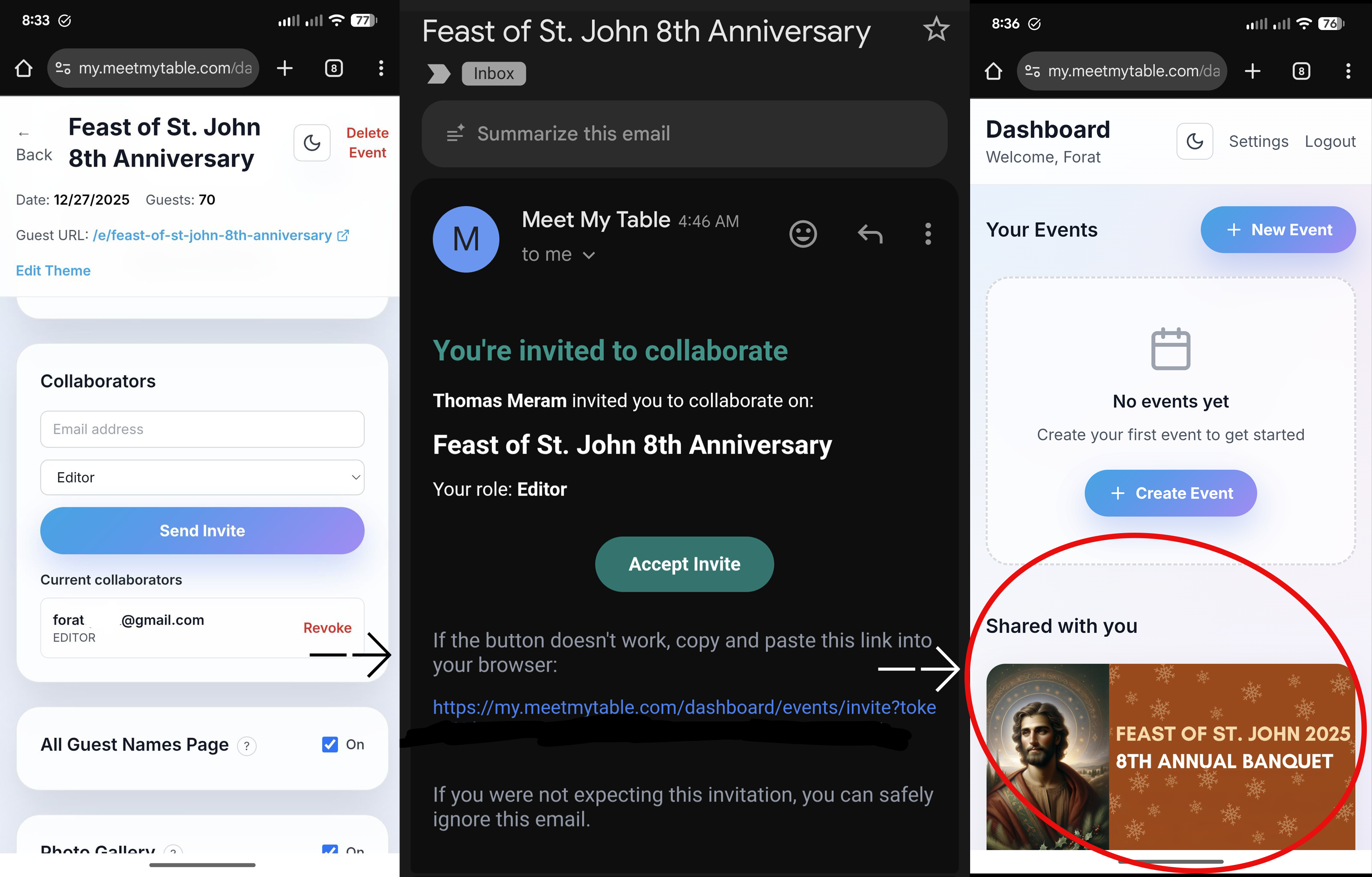 Collaborators invite flow: owner sends an invite, collaborator accepts, and the event appears under Shared with you