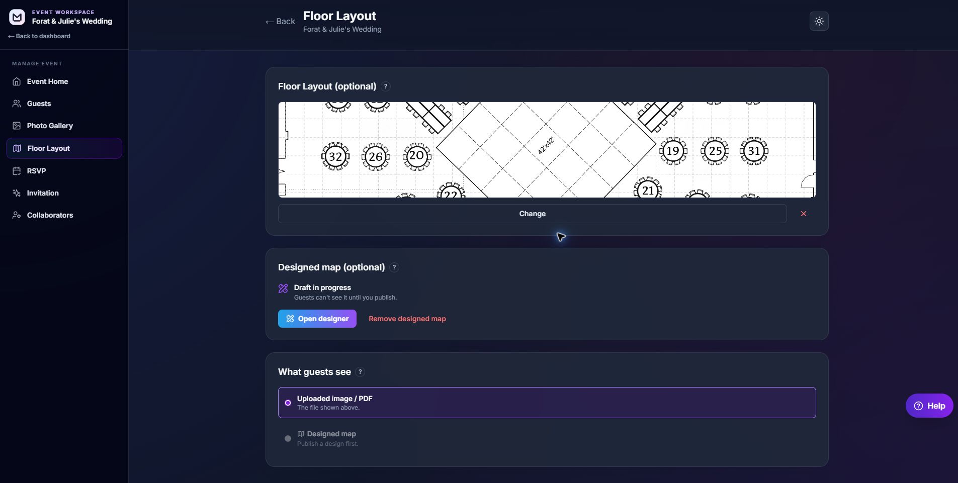 Floor Layout page in the host dashboard with an uploaded floor plan, a designed map draft, and the choice of what guests see
