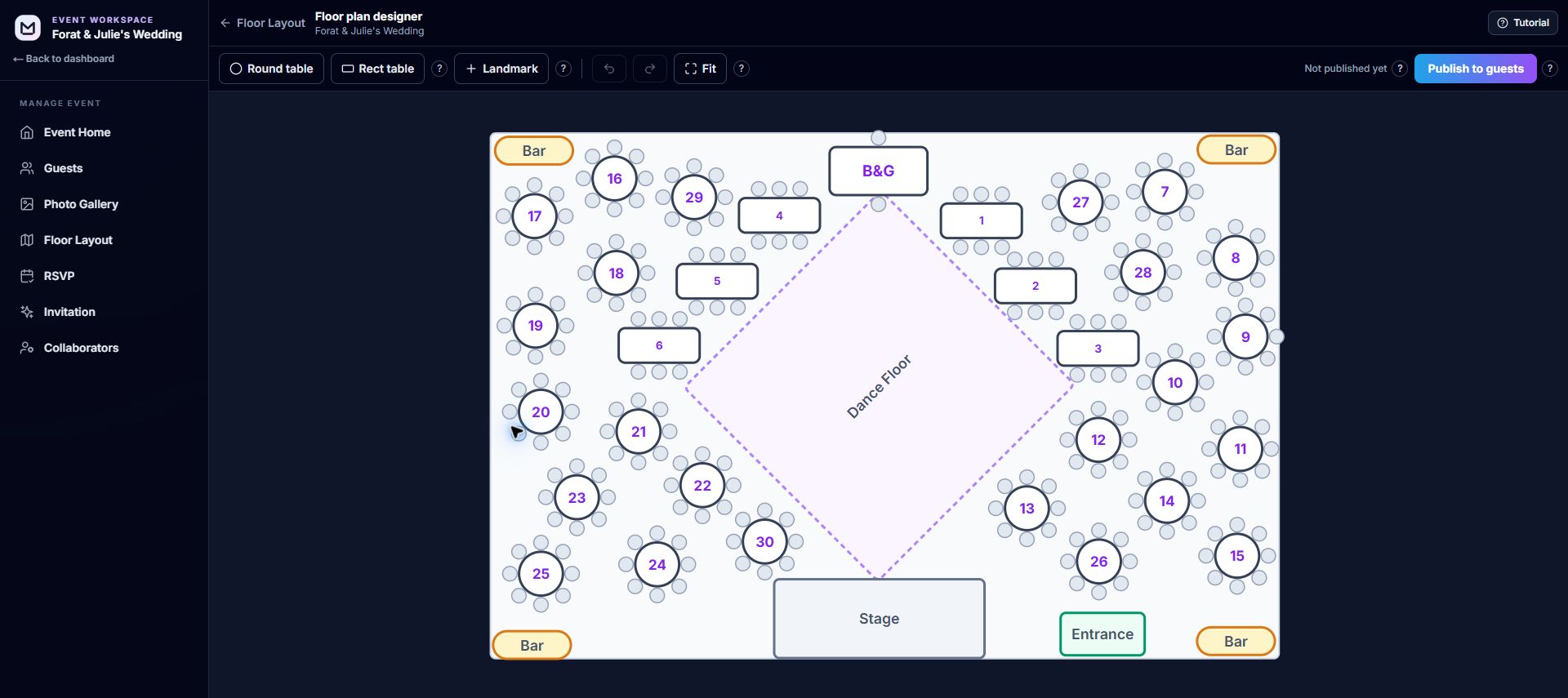 Meet My Table floor plan designer showing a wedding layout with numbered round and rectangular tables, a dance floor, stage, bars, and entrance