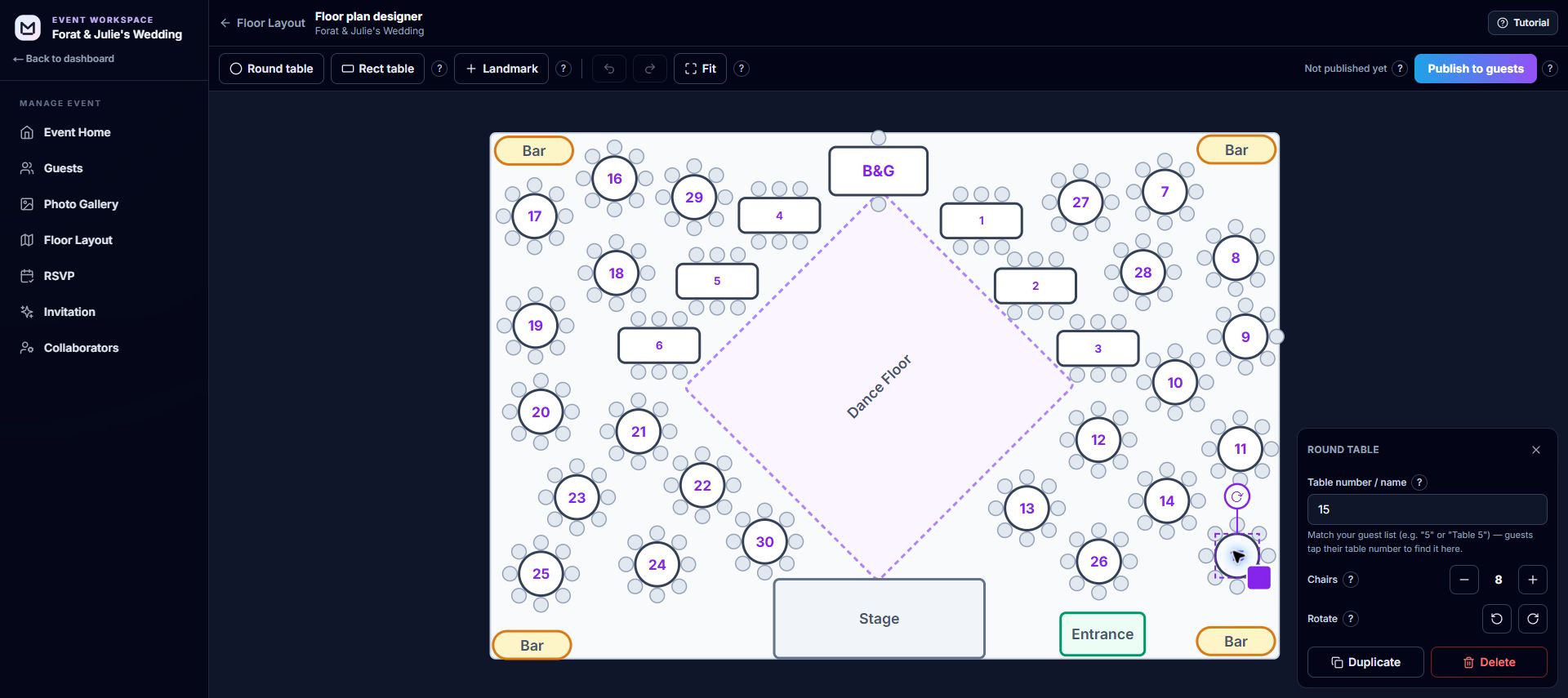 Table settings panel in the floor plan designer with a table label matching the guest list, chair count, and rotate controls