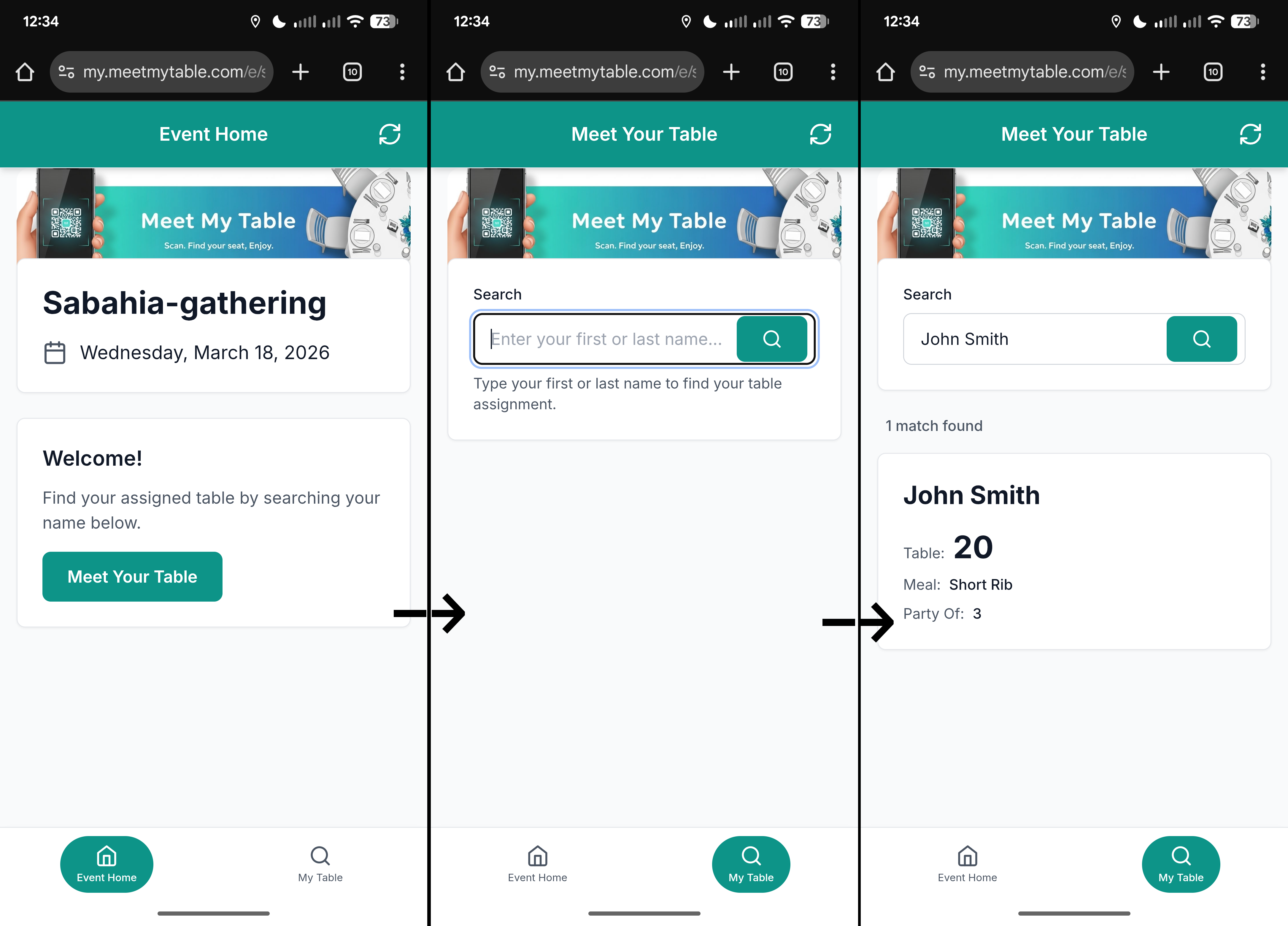 Guest search flow: search, results, and table card