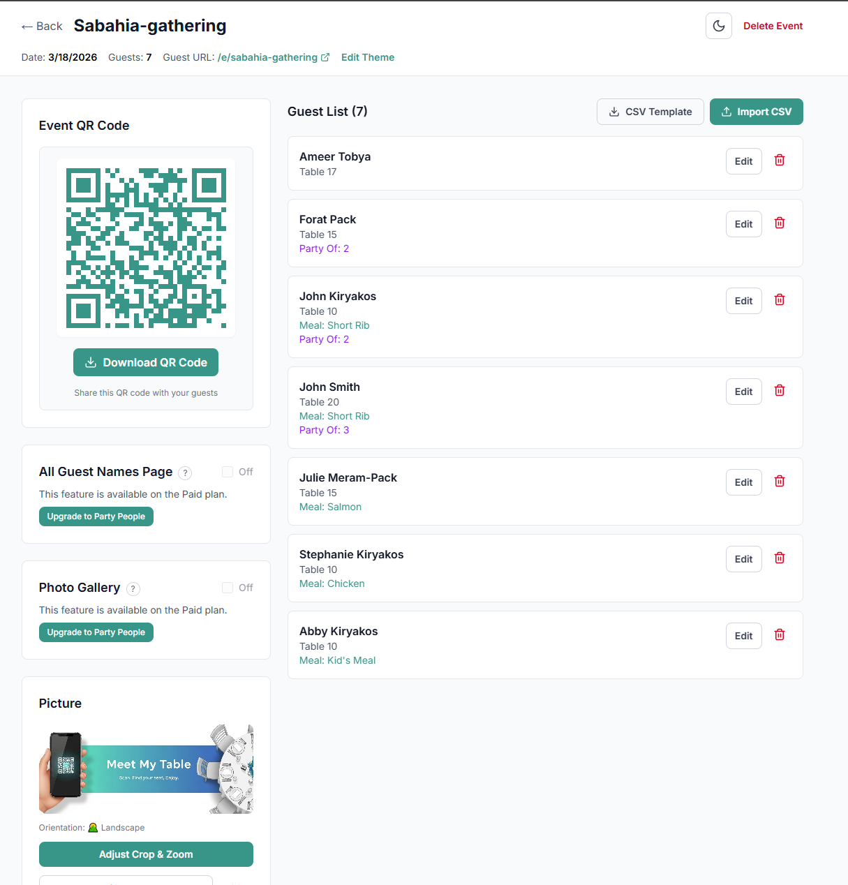 Host dashboard: event management and guest list