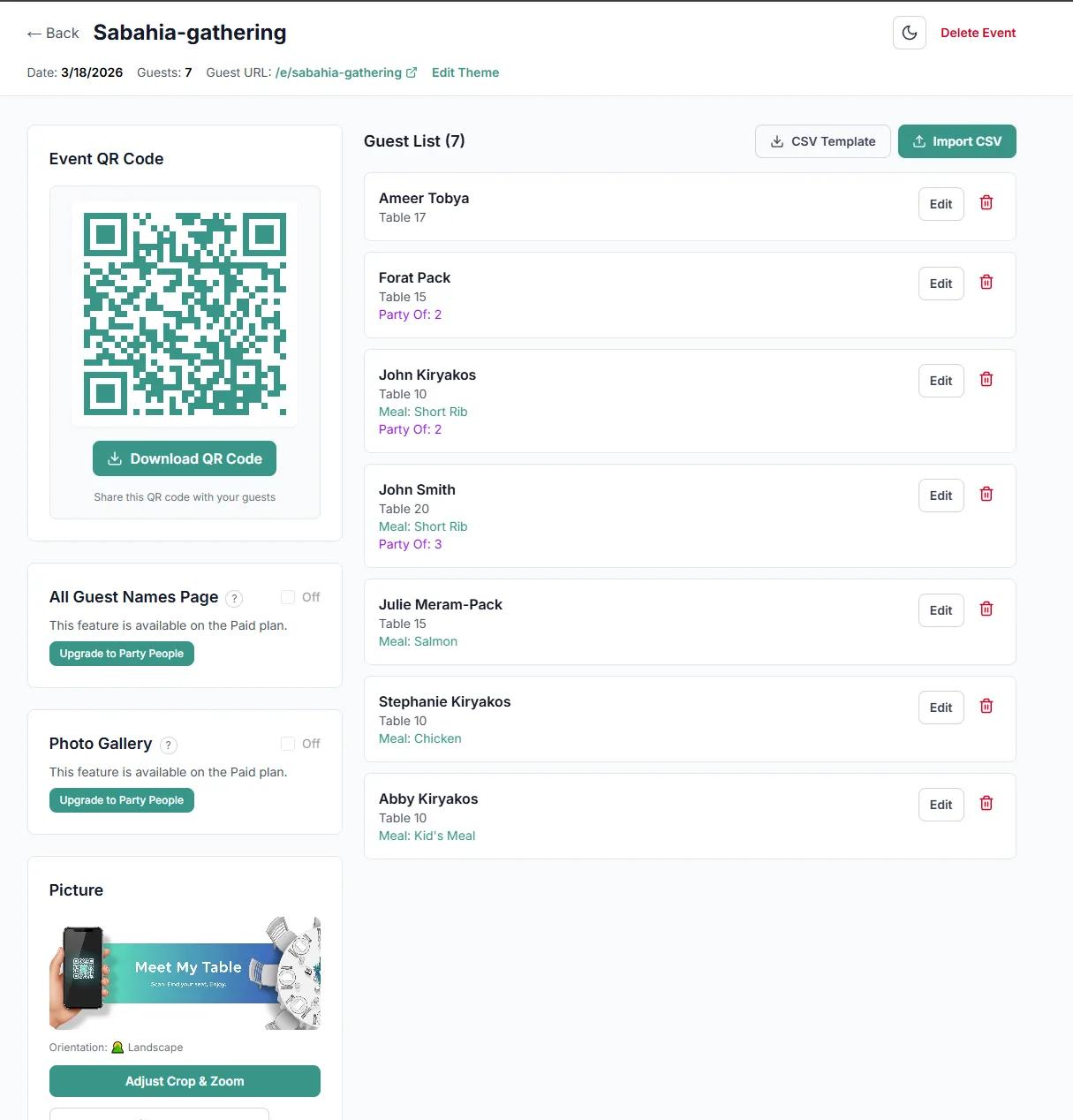 Meet My Table host dashboard with a guest list and event QR code